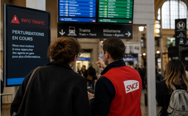 Un agent SNCF renseigne des voyageurs lors d'une situation perturbée en gare